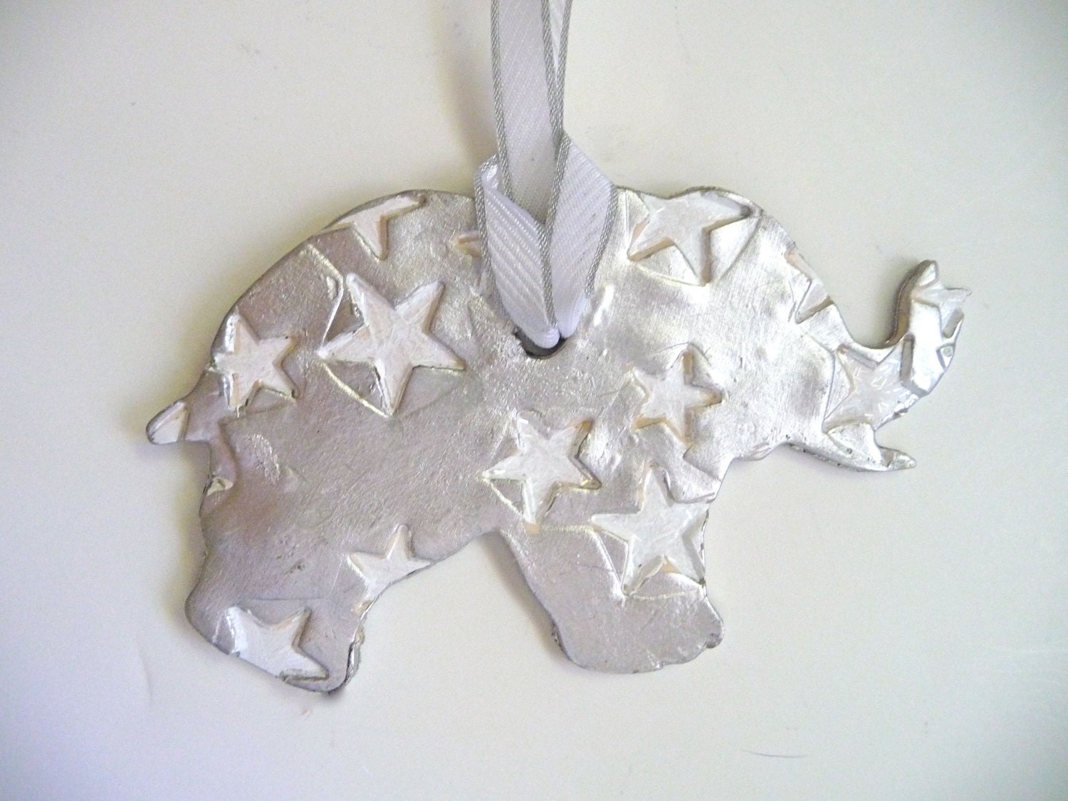 Silver Leaf Painted Christmas Elephant Ornaments with White