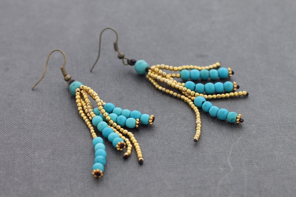 Turquoise Brass Tassels Earrings