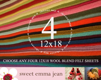 12x18 Wool Felt Sheets - Choose any FOUR merino wool blend felt sheets