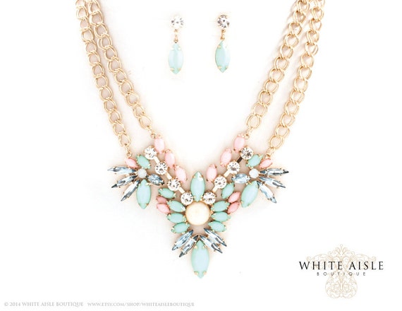 Mint Necklace Set, Vintage Style Bridal Necklace Earrings, Wedding Jewelry Set, Pink and Mint Fashion Necklace, Statement Necklace