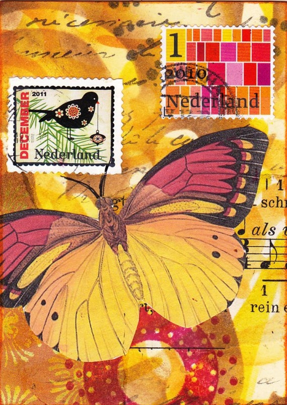 Original mixed media ACEO - Yellow / red butterfly