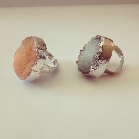 BEAUTIFUL PASTEL silver plated druzy rings, adjustable. Bohemian gypsy chic. quartz. healing crystal soft grunge cocktail