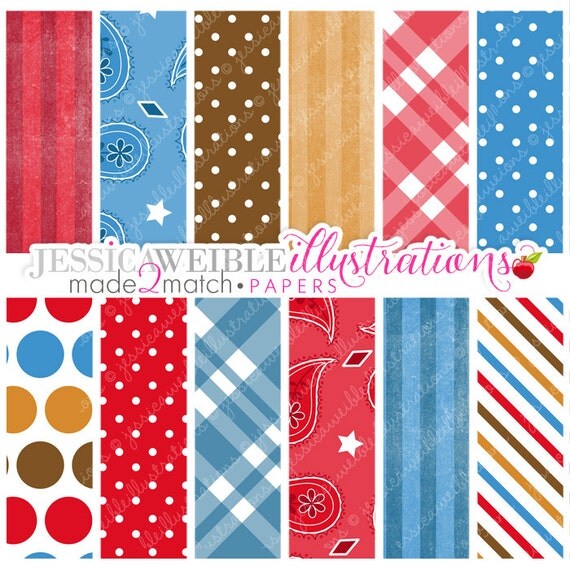 Cowboy Baby Cute Digital Papers - Commercial Use OK - Cowboy Backgrounds - Paisley Papers - Plaid Il_570xn