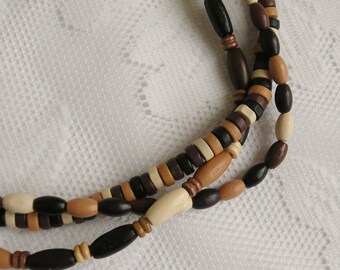 Triple Strand Wood Necklace - Natural, Light Brown, Dark Brown and Black