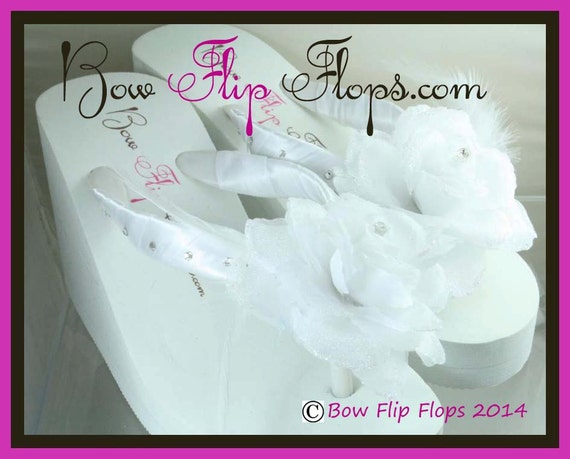 Wedge Flip Flops Glitter Flower Rose Rhinestone Satin White Ivory ...