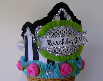 Birthday Party Crown/Hat - adult or child-  black and white stripe Birthday Girl or customize