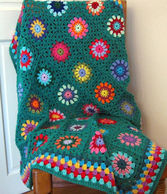 Large Crochet Blanket Granny Squares Teal Jade Sofa Throw 50" x 50"