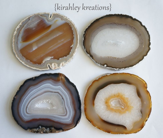 Earthy AGATE Coasters -- FREE Shipping in USA, 4 Brown Grey Red Cream Crystal Geode Slices, With Silver Edges -- Wedding Holiday Grad Gift