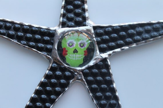 Little Sugar Skulls- 9 inch black stained glass star with little sugar skull center