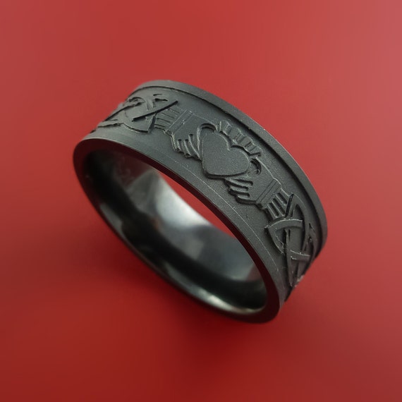 Black Zirconium Celtic Irish Claddagh Ring Hands Clasping