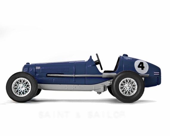 Navy Blue and Grey No.4 Vintage Race Car on White Background