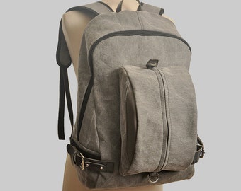 Backpack, unisex, for laptop up to 15" in italian grey canvas with leather details, named Michael.MADE TO ORDER