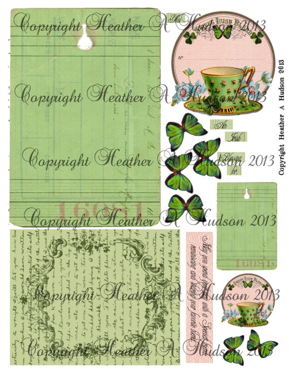 Victorian Vintage Shabby Chic Pink & Green St. Patrick's Day Irish Blend with Friend Tags  Digital Collage sheet Printable