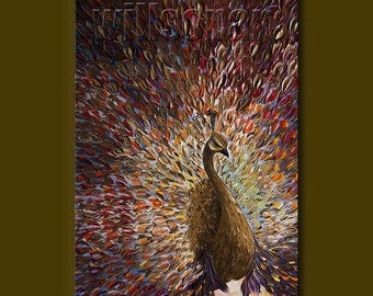 Peacock Oil Painting Textured Palette Knife Contemporary Modern Original Animal Art 24X36 by Willson Lau