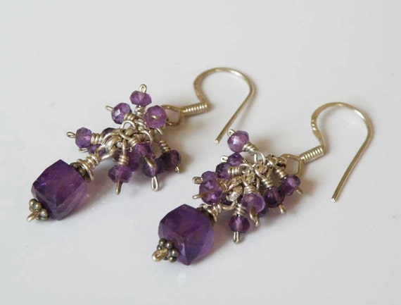 Purple Amethyst gemstone earrings Sterling silver Wire wrapped