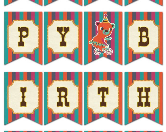 Vintage Circus Happy Birthday Banner Bunting - DIY - Print your own - Instant Download