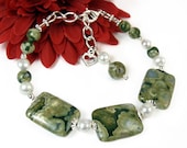 Rainforest Jasper Bracelet, Nature Inspired, White Freshwater Pearl, Heart Charm, Green Gemstone, Silver, Adjustable, Handmade Jewelry