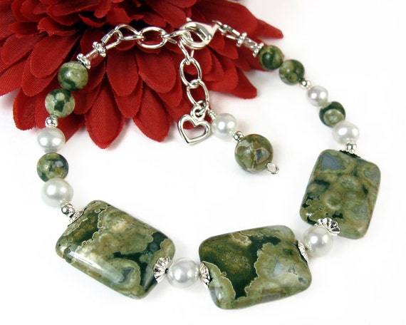 Rainforest Jasper Adjustable Bracelet, White Freshwater Pearls, Heart Charm, Green Gemstone, Sterling Silver, Handmade Beaded Jewelry