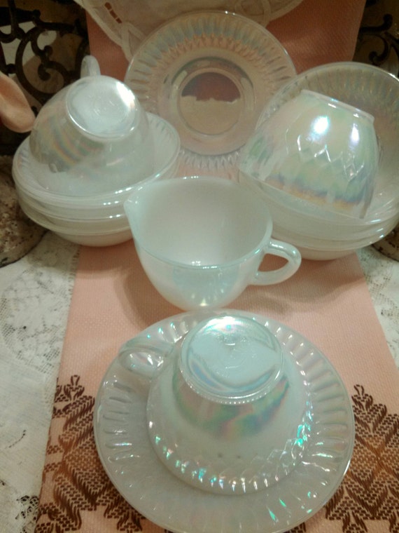 Beautiful 14 Piece Set Vintage Fire King White Pearl by LaHaDans
