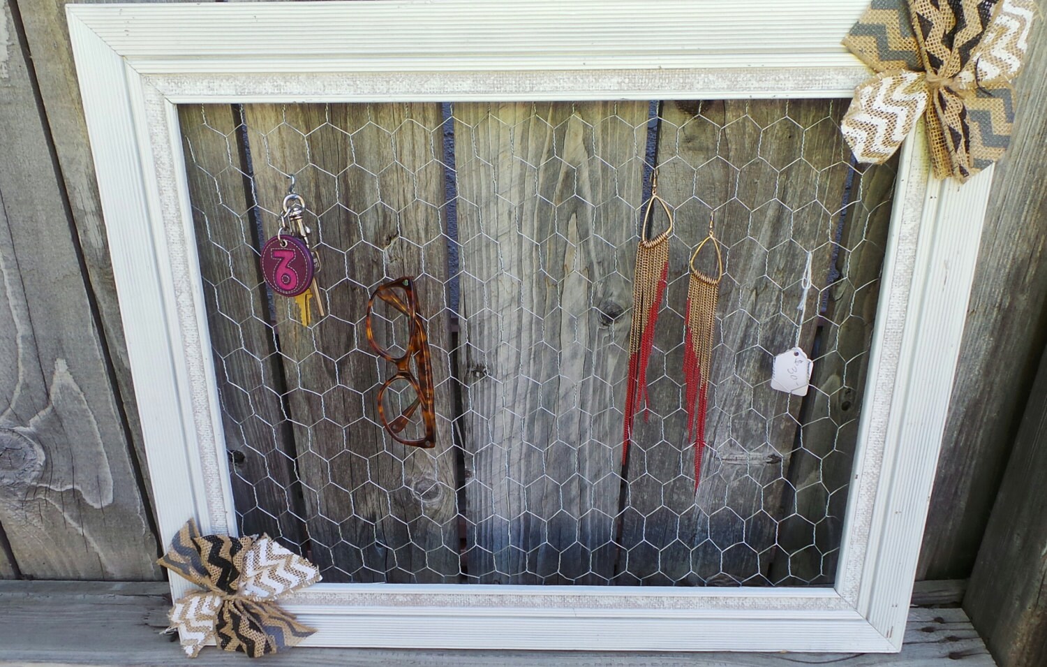 Vintage Frame Chicken Wire Jewelry Display White and by Queenish