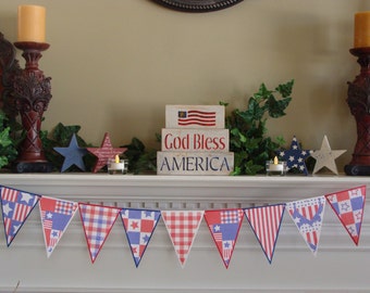July 4th Banner - Americana Bunting - Rustic