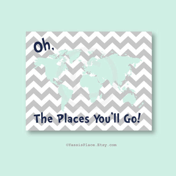 Dr. Seuss Quote Modern Art Print, Navy, Mint Green, Gray,Typography Nursery wall decor, Kids Wall Art, Playroom wall art-8x10 Oh, The Places