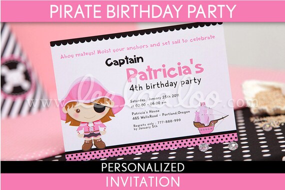 Pirate Birthday Party Invitation Personalized Printable // Pirate Girl Pink Black - B10Pa2 Il_570xn