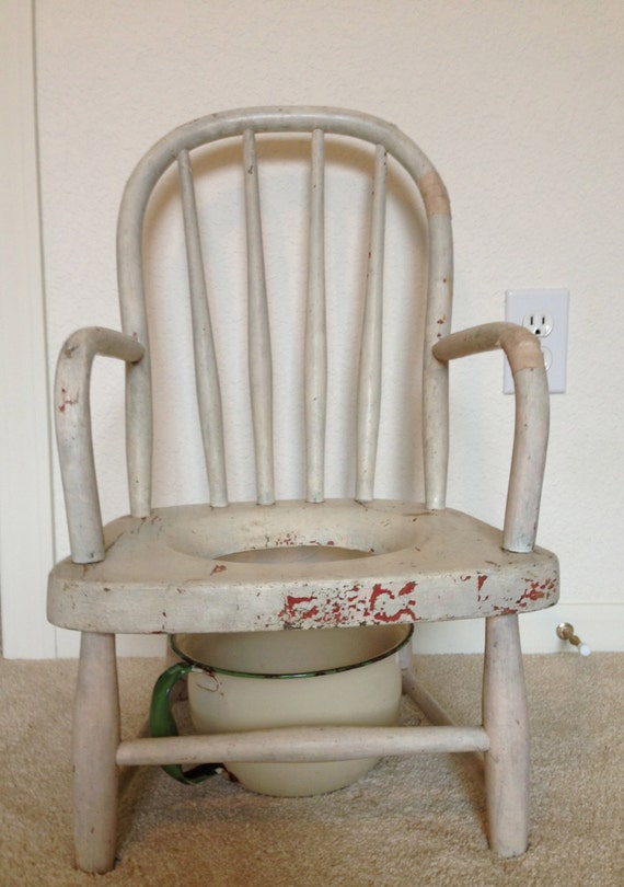 Vintage Wood Potty Chair with Enamel Chamber Pot