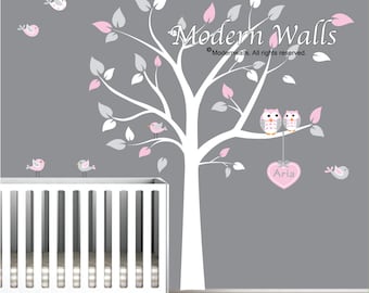 Tree Wall Decal Huge Tree wall decal Wall Mural Stickers Nursery Tree and Birds Wall Art Heart with Custom Name-e04