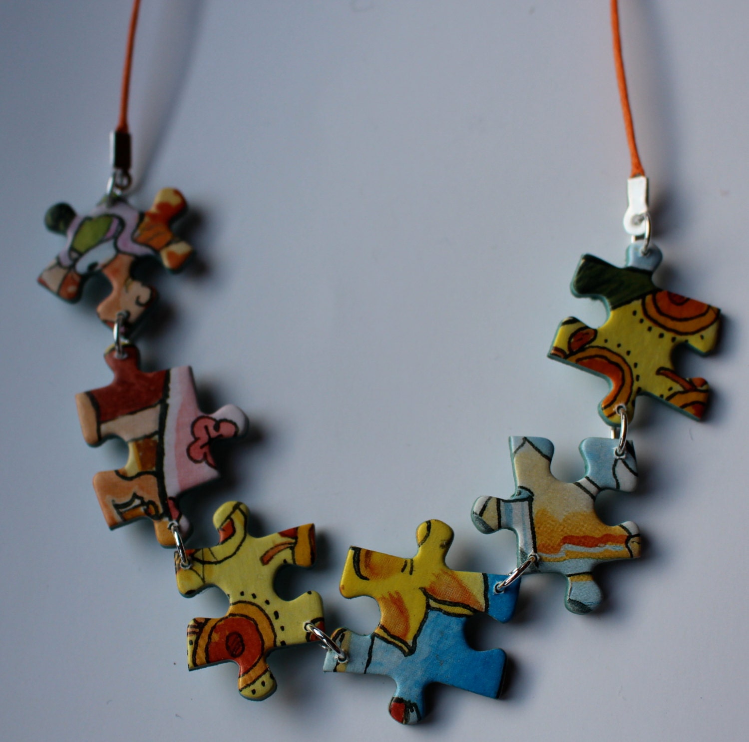 Puzzle Jigsaw Pieces Necklace Upcycled Colourful Original