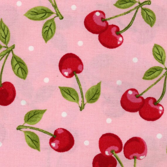 Red Cherry Print Cotton Fabric Maraschino Sweet Cherries Pink