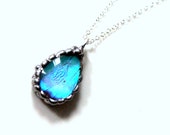 Blue Butterfly Teardrop Pendant on Sterling Silver Necklace, Real Butterfly Jewelry