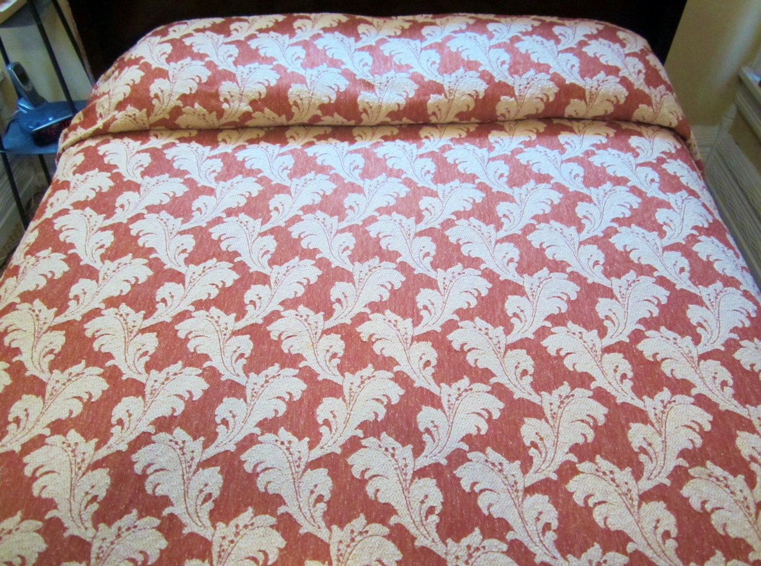 Vintage JACQUARD Queen Bedspread SWIRLING LEAVES Rust by ReArcade