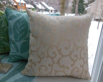 Designer Pillow - Damask Scroll Vanilla Creme Decorative Pillow - 18 x 18 Inch Reversible Pillow - Vanilla Creme Golden Pillow