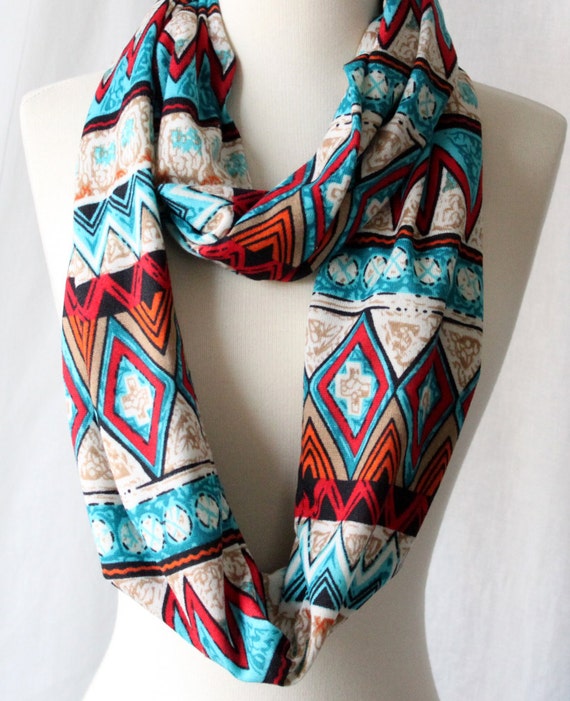 Tribal Scarf Turquoise and Red Infinity Scarf Jersey