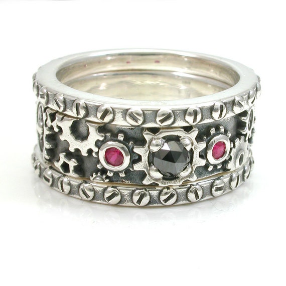 Items similar to Ladies Stacking Steampunk Gear Ring with Rose Cut