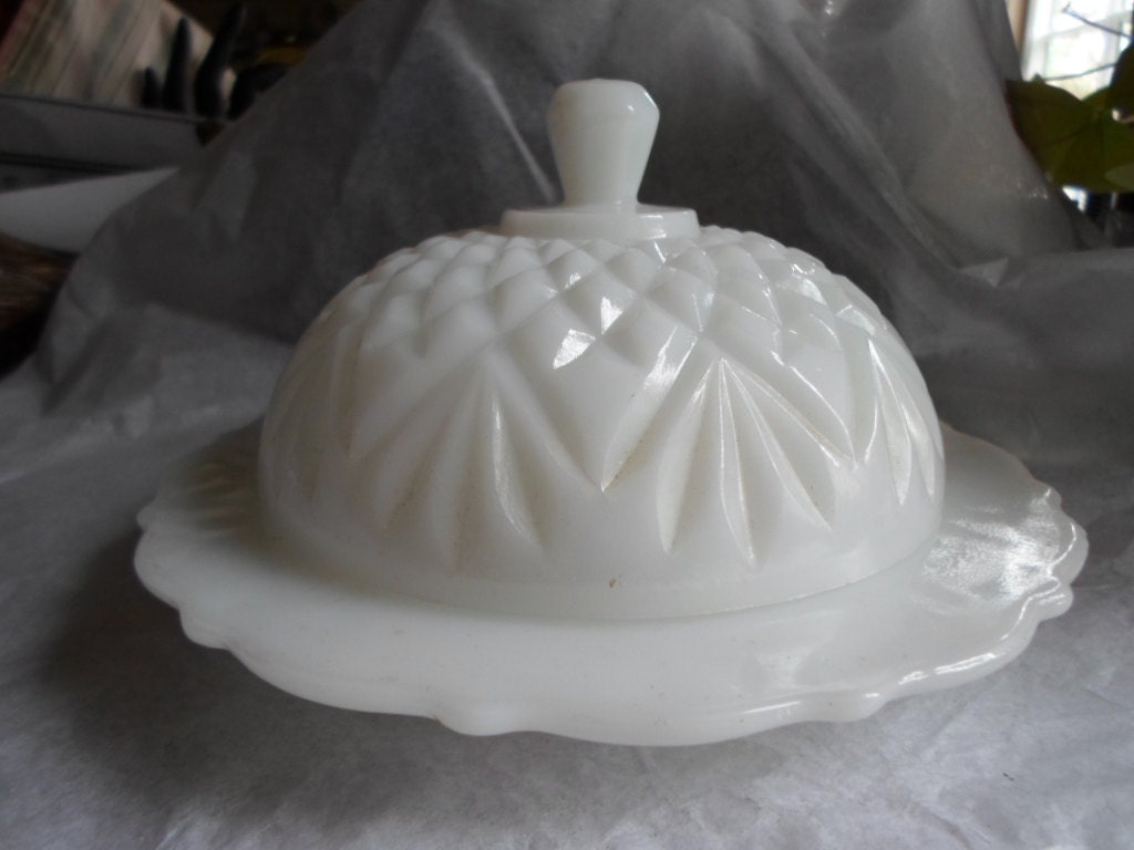 Vintage White Milk Glass Covered Butter Dish Round Cut Glass Scalloped