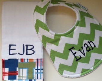 CHEVRON Monogrammed Baby Bib and Burp Cloth Set - Baby boy set