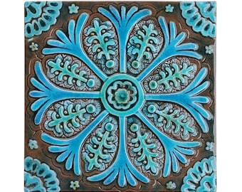 Bathroom wall art // Ceramic tiles // Bathroom decor // Bathroom art tile // Suzani decor // Suzani #3 // Turquoise