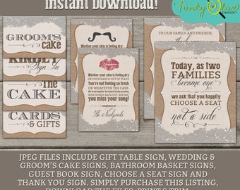 Burlap & Lace Reception Signs- Charcoal - Instant Download - DIY - Wedding, Reception, Gift, Bathroom Basket, Thank You, Choose A Seat, Cake