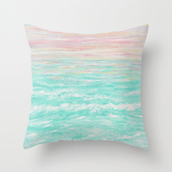Pink Pillow Cover Aqua Beach Pillow Wave Pillow by ColorWorkStudio