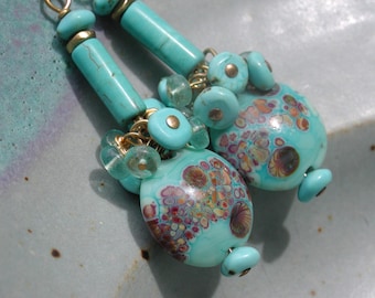 Lampwork Beads Dangle Earrings GF Gold-filled Earwires Aqua Marine Turquoise Art Glass Aqua Blue