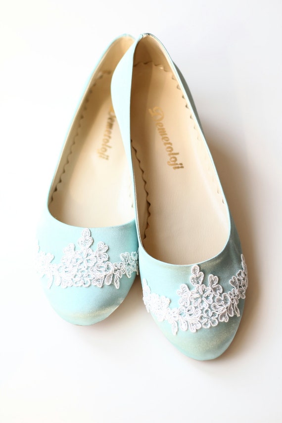 Wedding Flat Shoes Mint Green Satin Bridal Ballet Flats with
