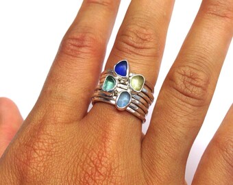 Small Mini Eco Sea Glass Ring Bezel in Silver, Sea Glass Stacking ring by Peace of Hawaii Co Build a stack, stacking rings