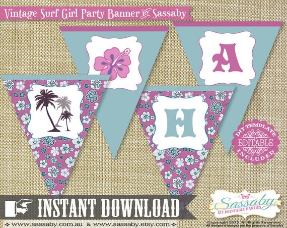 Party Banner Vintage Surfer Girl - INSTANT DOWNLOAD - Editable & Printable Birthday Decoration by Sassaby Il_570xn