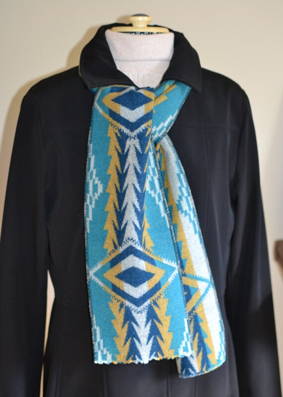 Native American print SCARF Soft WOOL from Portland Oregon Teal