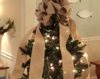 Christmas Tree Topper With Long Streamers Burlap Tree Topper Rustic Christmas Burlap Bows Natural Christmas Decor Farmhouse Christmas