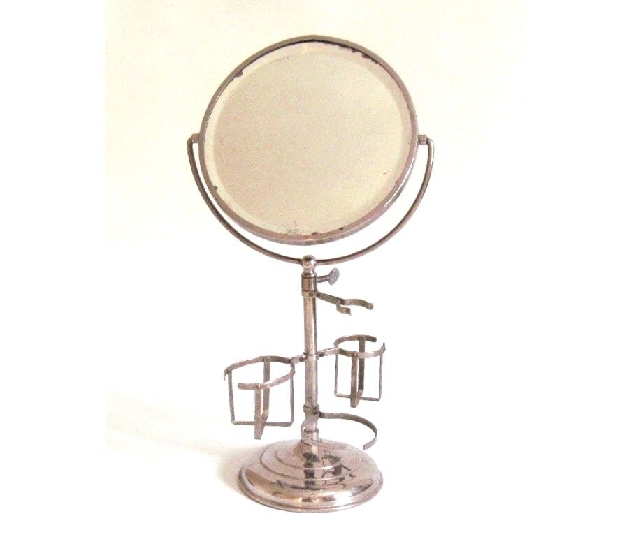 Antique Shaving Mirror Stand w/ Brush Soap Mug Holders Metal