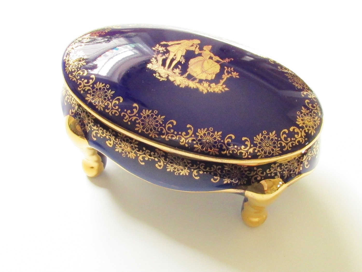 Vintage Limoges Porcelain Trinket Box Cobalt Blue