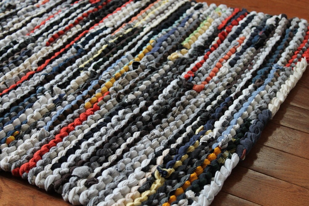 T Shirt Rag Rug Utility Earthy Gray Navy Blue Black Orange Tan